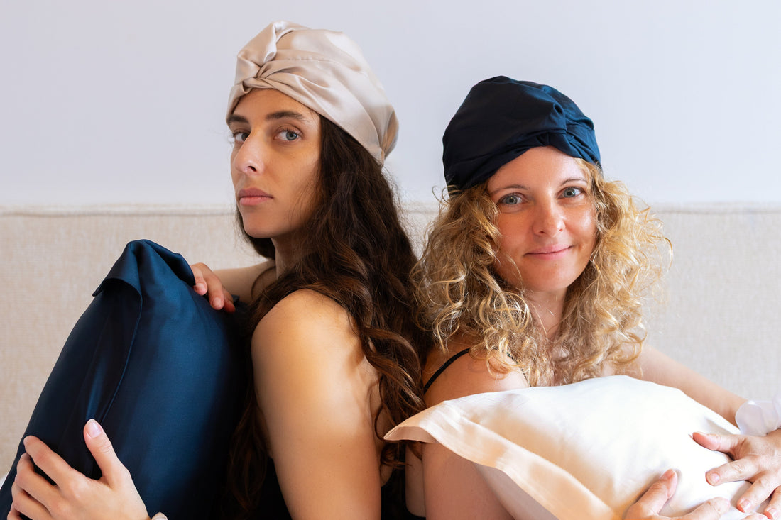 Curly hair bedtime routine with bamboo bonnet, bamboo pillowcase, and bamboo scrunchies by BetterBe